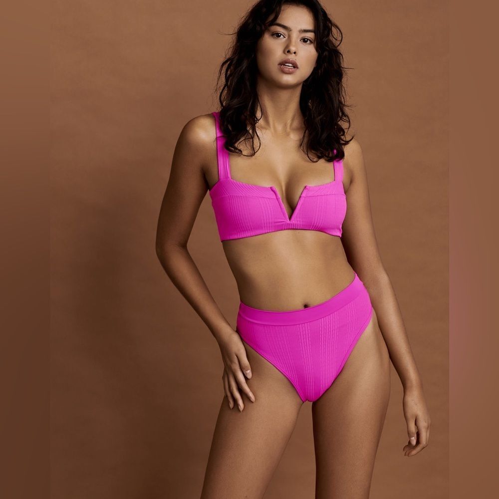 New L*SPACE Frenchi Bottom Bitsy Cut High Waist Bikini Ribbed Fuchsia Pink Large
